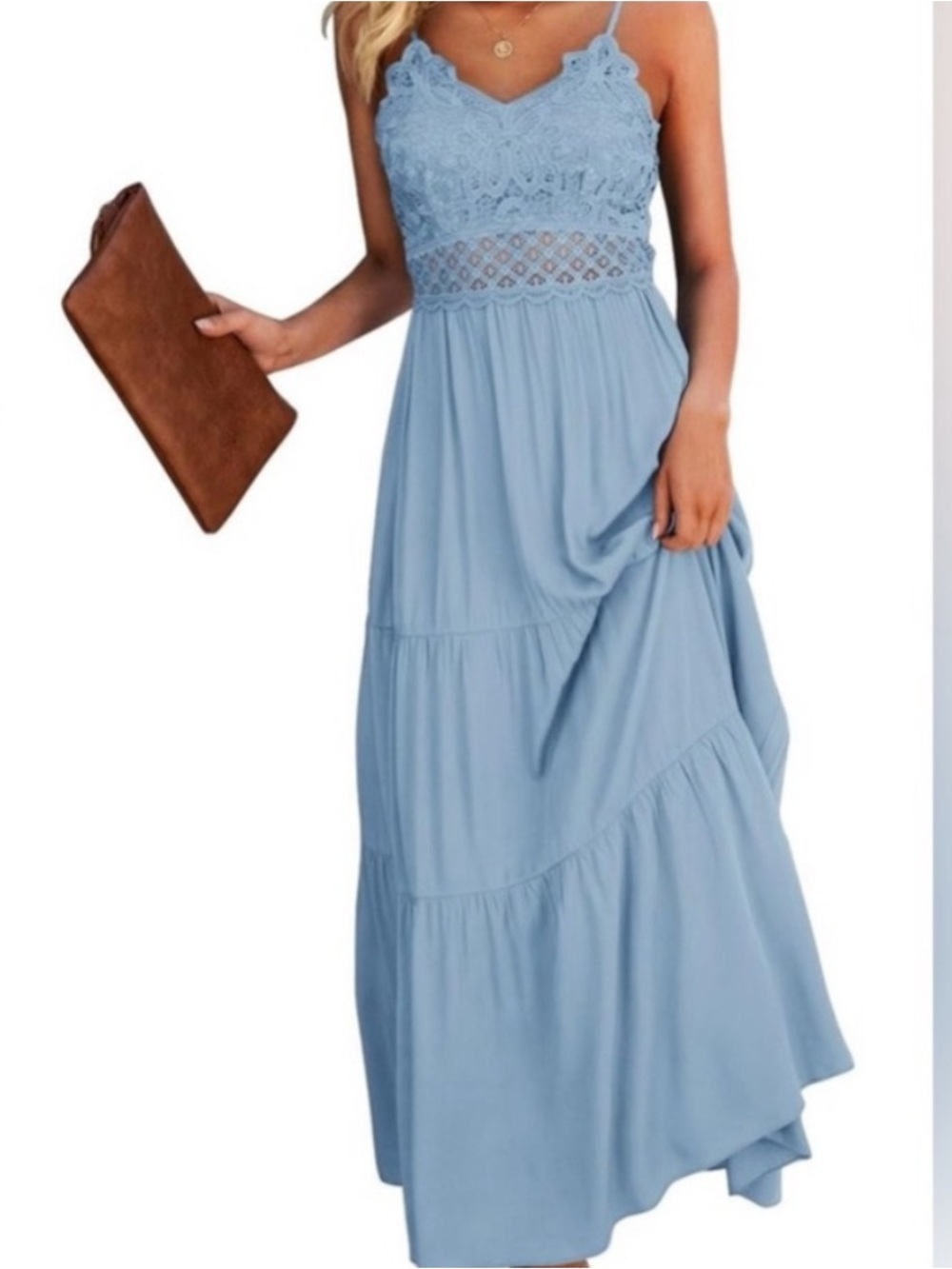 Dokuritu Womens Beach Crochet Lace Maxi Dress Solid Color Boho Wedding Guest